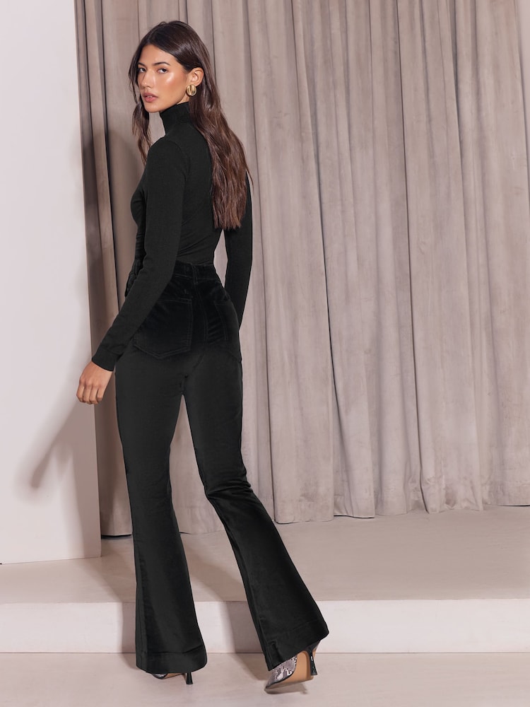 Lipsy x Gemma Owen Black Velvet High Waist Glam Flare Leg Jeans - Image 9 of 9
