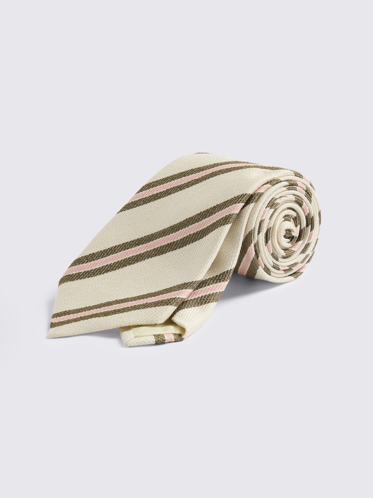 MOSS Off White, Olive & Pink Italian Silk Stripe Tie - Image 1 of 2