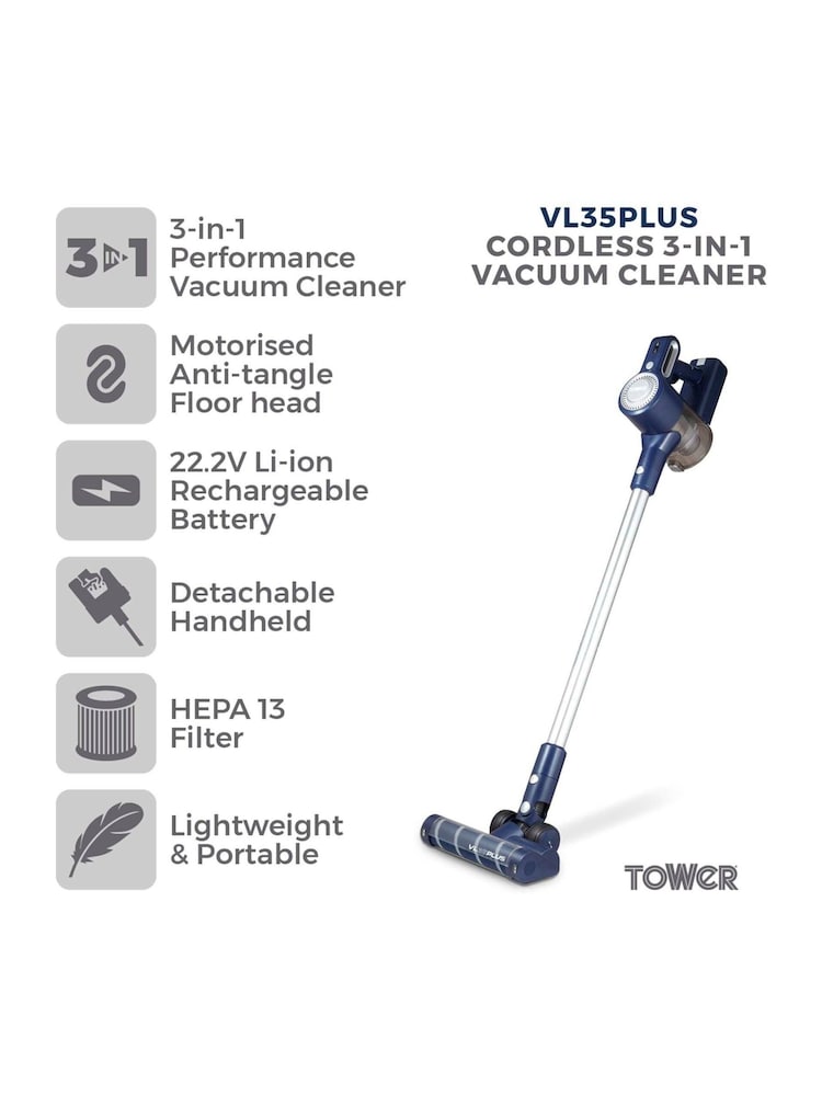 Tower Blue VL35 Cordless 3-in-1 Vacuum Cleaner - Image 2 of 9