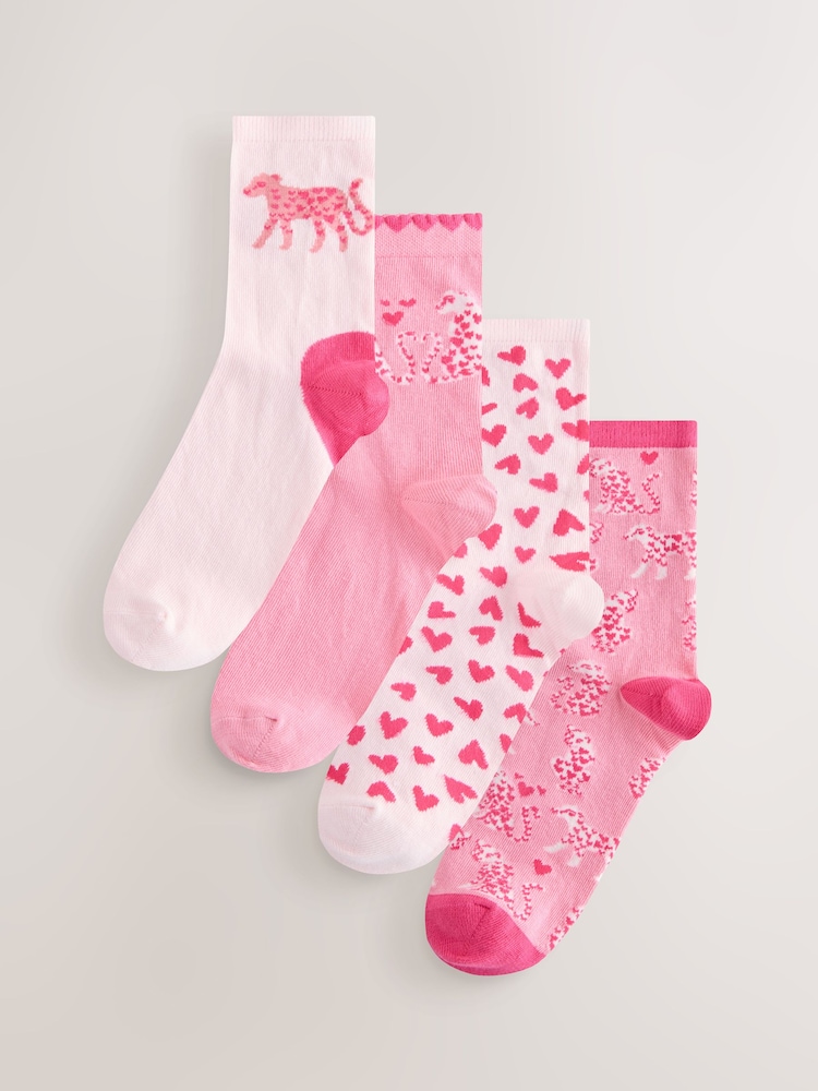 Pink/Red Hearts Leopard Ankle Socks 4 Pack - Image 1 of 7 Pink/Red Hearts Leopard Ankle Socks 4 Pack - Image 1 of 7