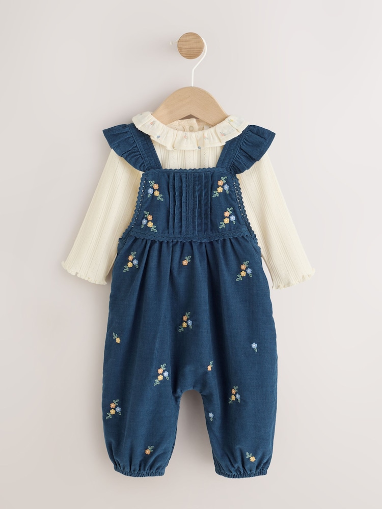 Navy Floral Cord Baby Dungarees And Bodysuit Set 2 Piece (0mths-2yrs) - Image 1 of 5 Navy Floral Cord Baby Dungarees And Bodysuit Set 2 Piece (0mths-2yrs) - Image 1 of 5