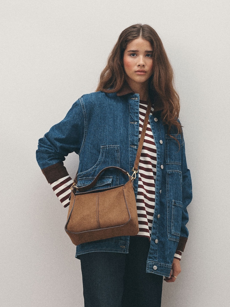 Tan Brown Suedette Structured Cross Body Bag - Image 1 of 3 Tan Brown Suedette Structured Cross Body Bag - Image 1 of 3