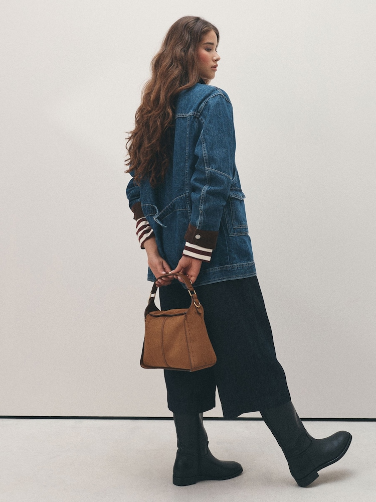 Tan Brown Suedette Structured Cross Body Bag - Image 2 of 3 Tan Brown Suedette Structured Cross Body Bag - Image 2 of 3
