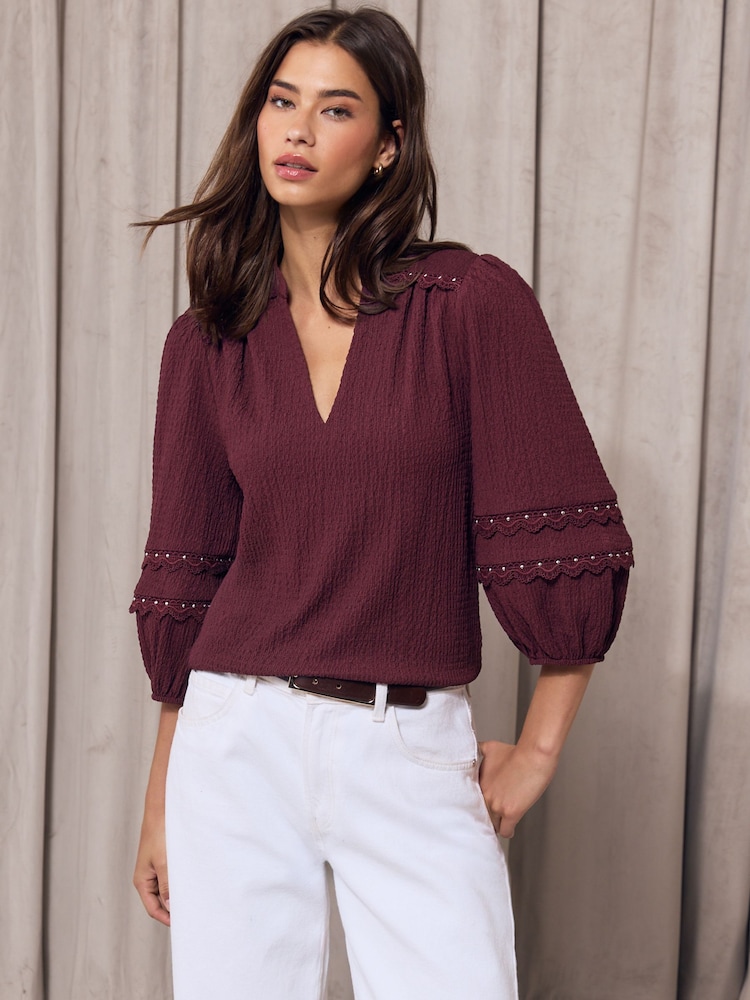 Lipsy Burgundy Red Stud Detail Crinkle Jersey Top - Image 1 of 4