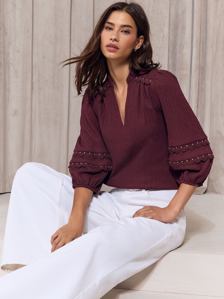 Lipsy Burgundy Red Stud Detail Crinkle Jersey Top - Image 2 of 4