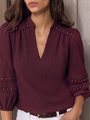 Lipsy Burgundy Red Stud Detail Crinkle Jersey Top - Image 3 of 4