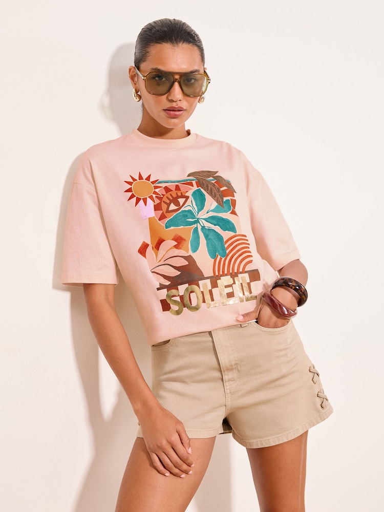 Lipsy Pink 'Soleil' Printed Oversized T-Shirt - Image 1 of 4