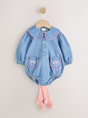 Denim Bow Baby Romper And Tights 2 Piece Set (0mths-2yrs) - Image 5 of 9