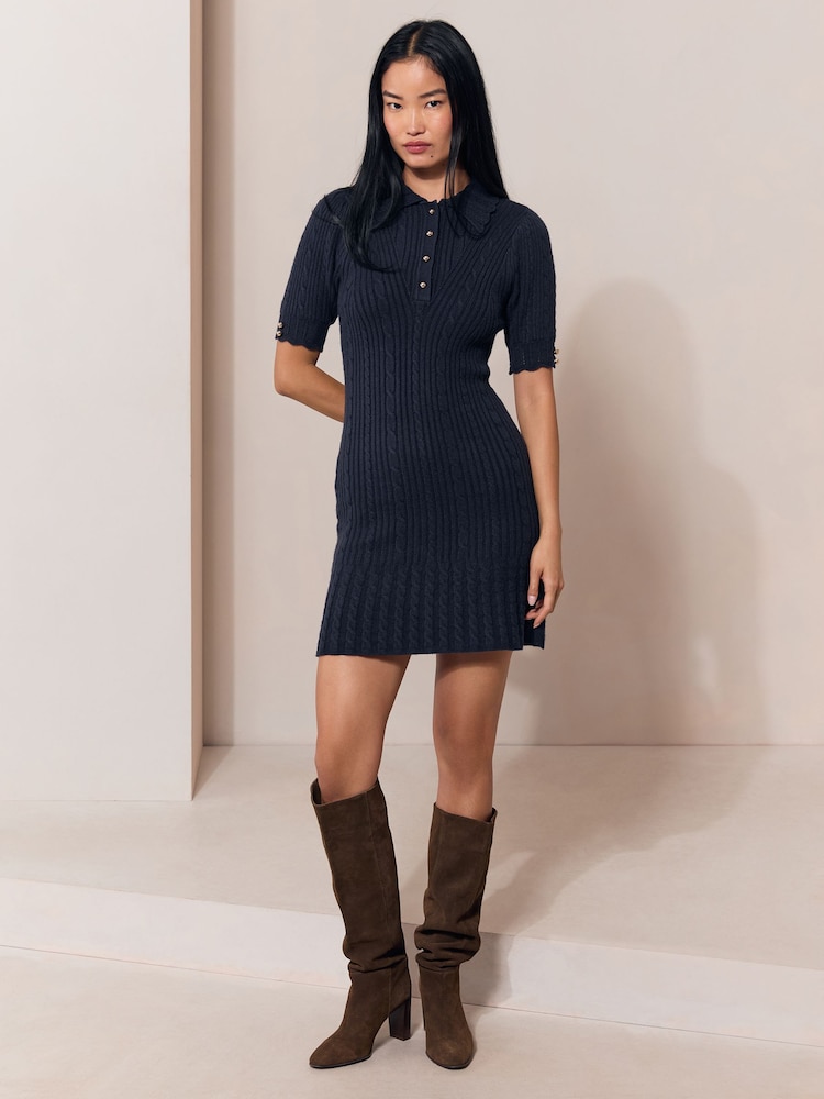 Lipsy Navy Blue Knitted Polo Collar Mini Dress - Image 1 of 6