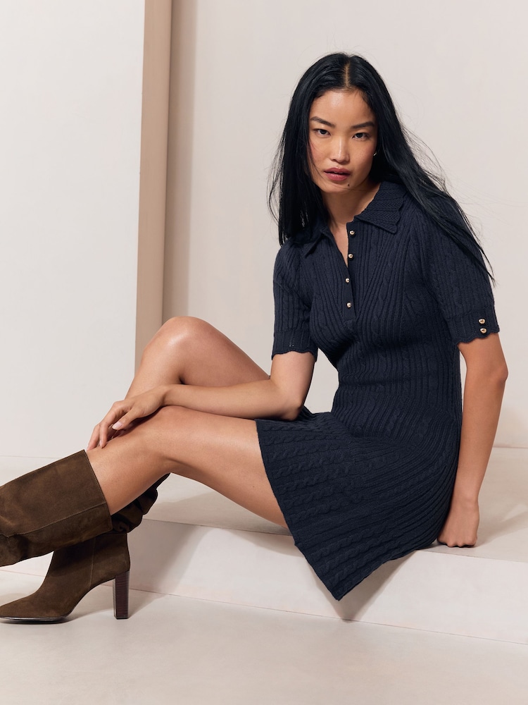 Lipsy Navy Blue Knitted Polo Collar Mini Dress - Image 2 of 6