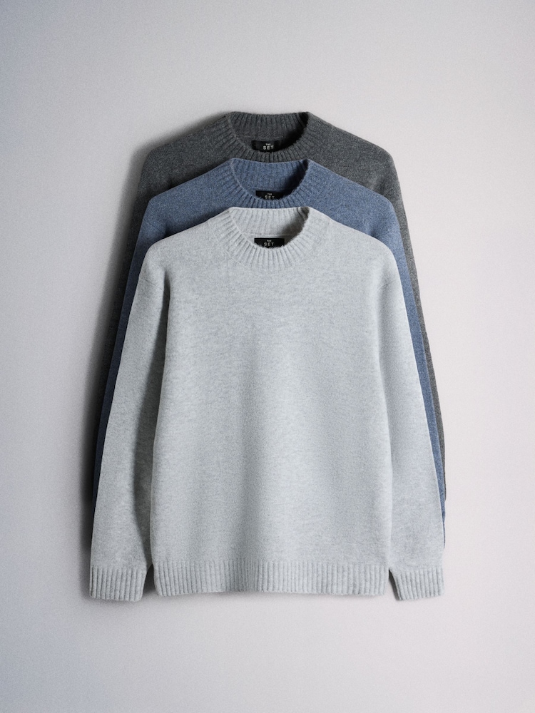 The Set 3 Pack Soft Knit Crew Jumper Grey/Blue - Image 1 of 14