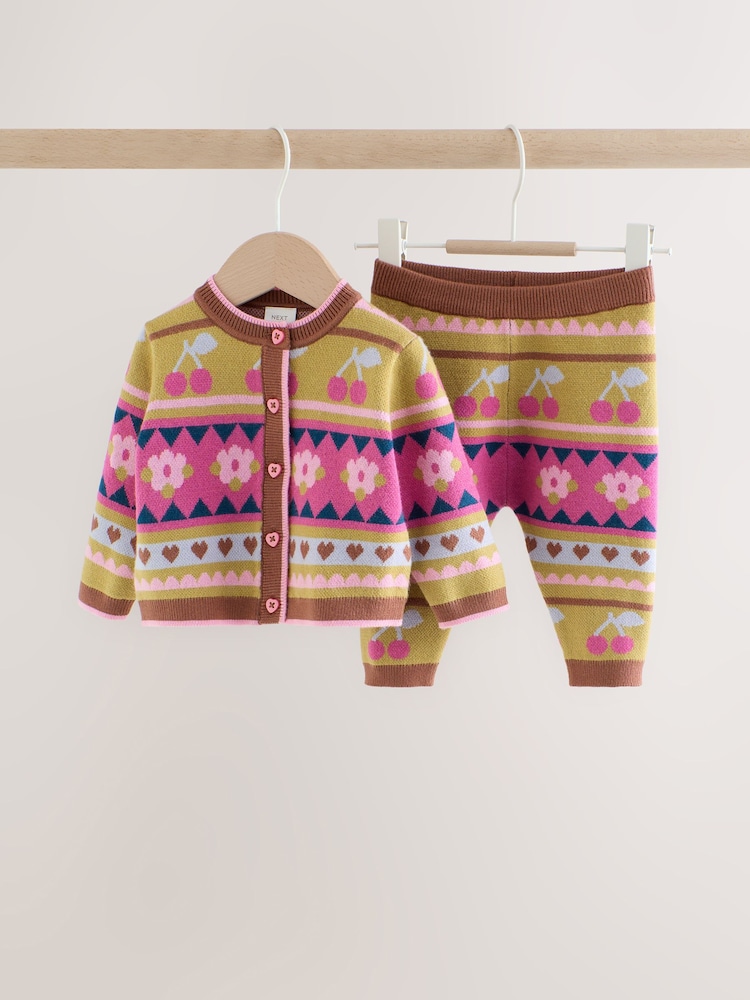 Green Fairisle Knitted Cardigan and Leggings Baby Set 2 Piece (0mths-2yrs) - Image 1 of 11 Green Fairisle Knitted Cardigan and Leggings Baby Set 2 Piece (0mths-2yrs) - Image 1 of 11