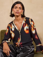 Love & Roses Black Abstract Print Sequin Trim 3/4 Flute Sleeve Blouse - Image 4 of 5