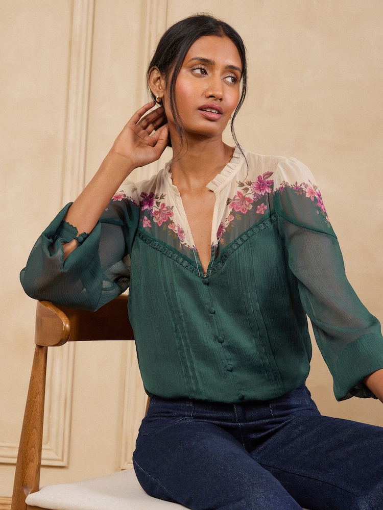 Love & Roses Green Floral Touch of Print Long Sleeve Blouse - Image 1 of 4