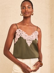 Love & Roses Khaki Green Lace Trim Satin V-Neck Camisole - Image 1 of 4