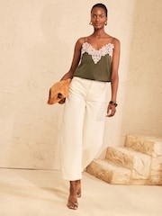 Love & Roses Khaki Green Lace Trim Satin V-Neck Camisole - Image 3 of 4