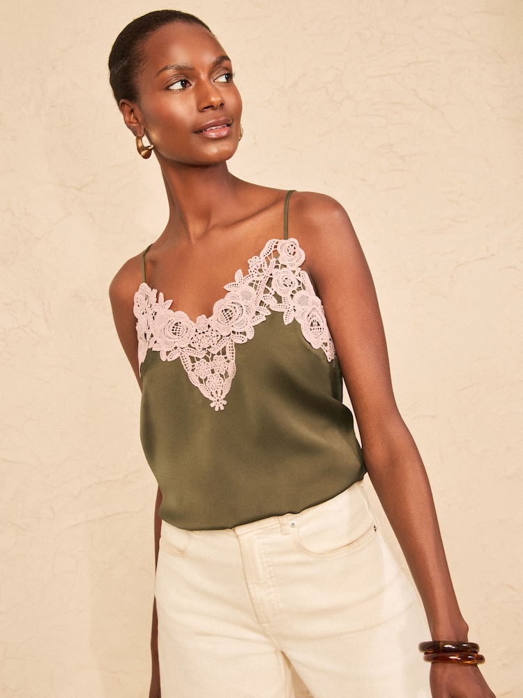 Love & Roses Khaki Green Lace Trim Satin V-Neck Camisole - Image 4 of 4