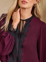 Love & Roses Burgundy Red Lace Front Long Sleeve Blouse - Image 2 of 4