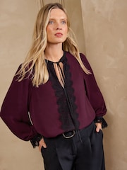 Love & Roses Burgundy Red Lace Front Long Sleeve Blouse - Image 4 of 4