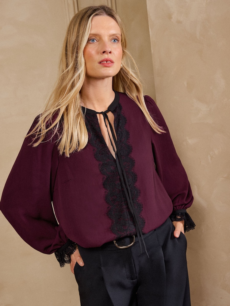 Love & Roses Burgundy Red Lace Front Long Sleeve Blouse - Image 4 of 4