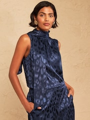 Love & Roses Navy Animal Print Satin Jaqcuard Tie Neck Sleevess Top - Image 1 of 5