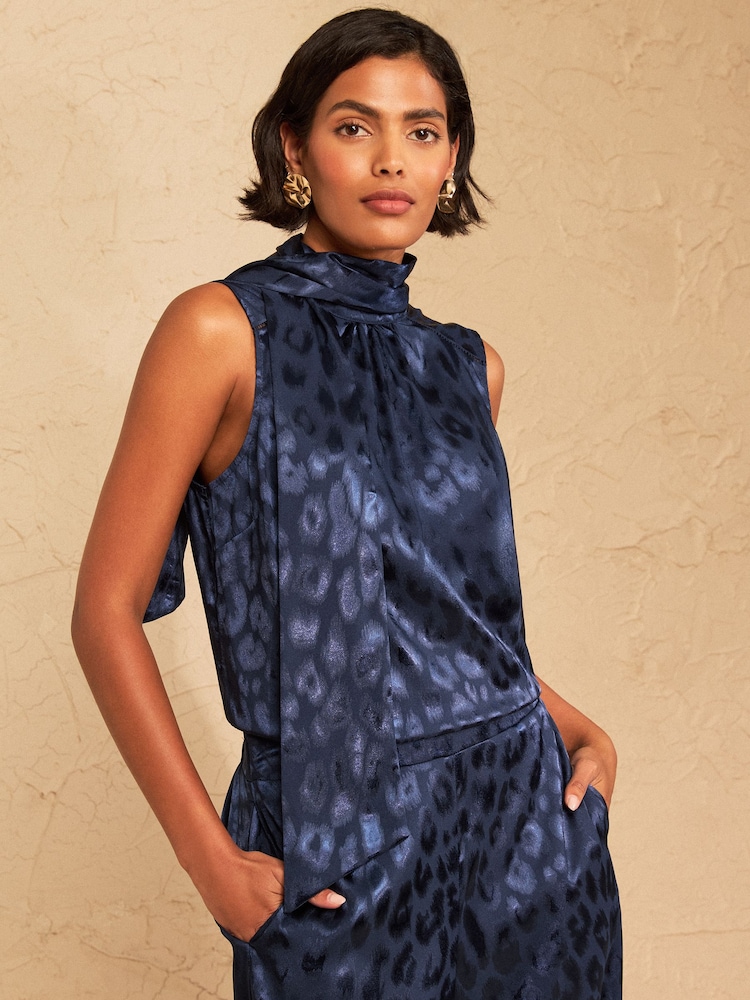 Love & Roses Navy Animal Print Satin Jaqcuard Tie Neck Sleevess Top - Image 1 of 5