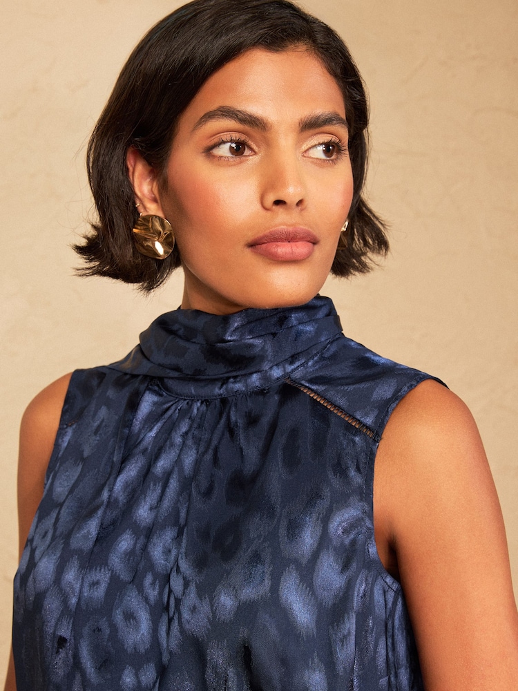 Love & Roses Navy Animal Print Satin Jaqcuard Tie Neck Sleevess Top - Image 2 of 5