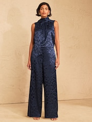 Love & Roses Navy Animal Print Satin Jaqcuard Tie Neck Sleevess Top - Image 3 of 5