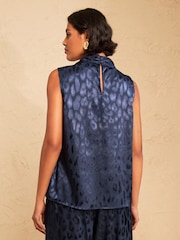 Love & Roses Navy Animal Print Satin Jaqcuard Tie Neck Sleevess Top - Image 4 of 5