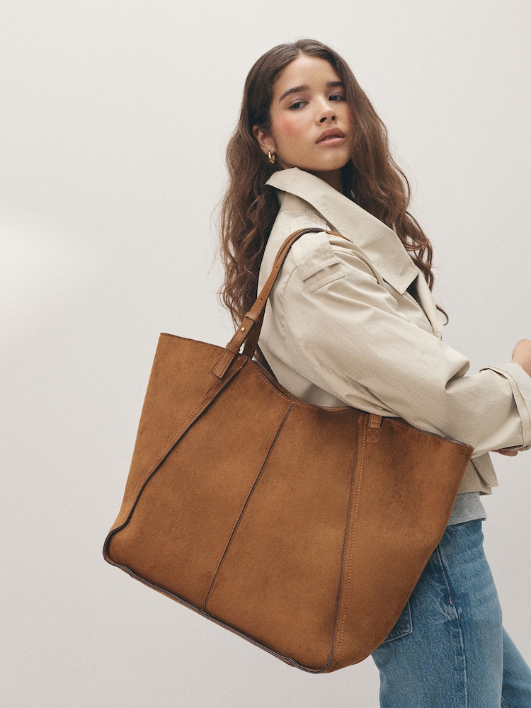 Tan Brown Suedette Structured Shoulder Bag - Image 1 of 2 Tan Brown Suedette Structured Shoulder Bag - Image 1 of 2