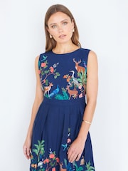 Yumi Blue Woodland Animal Print Cotton Midi Skater Dress - Image 3 of 5
