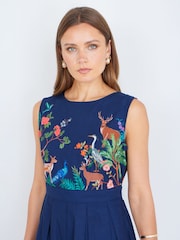 Yumi Blue Woodland Animal Print Cotton Midi Skater Dress - Image 4 of 5