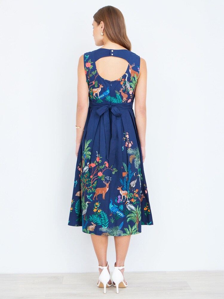 Yumi Blue Woodland Animal Print Cotton Midi Skater Dress - Image 5 of 5