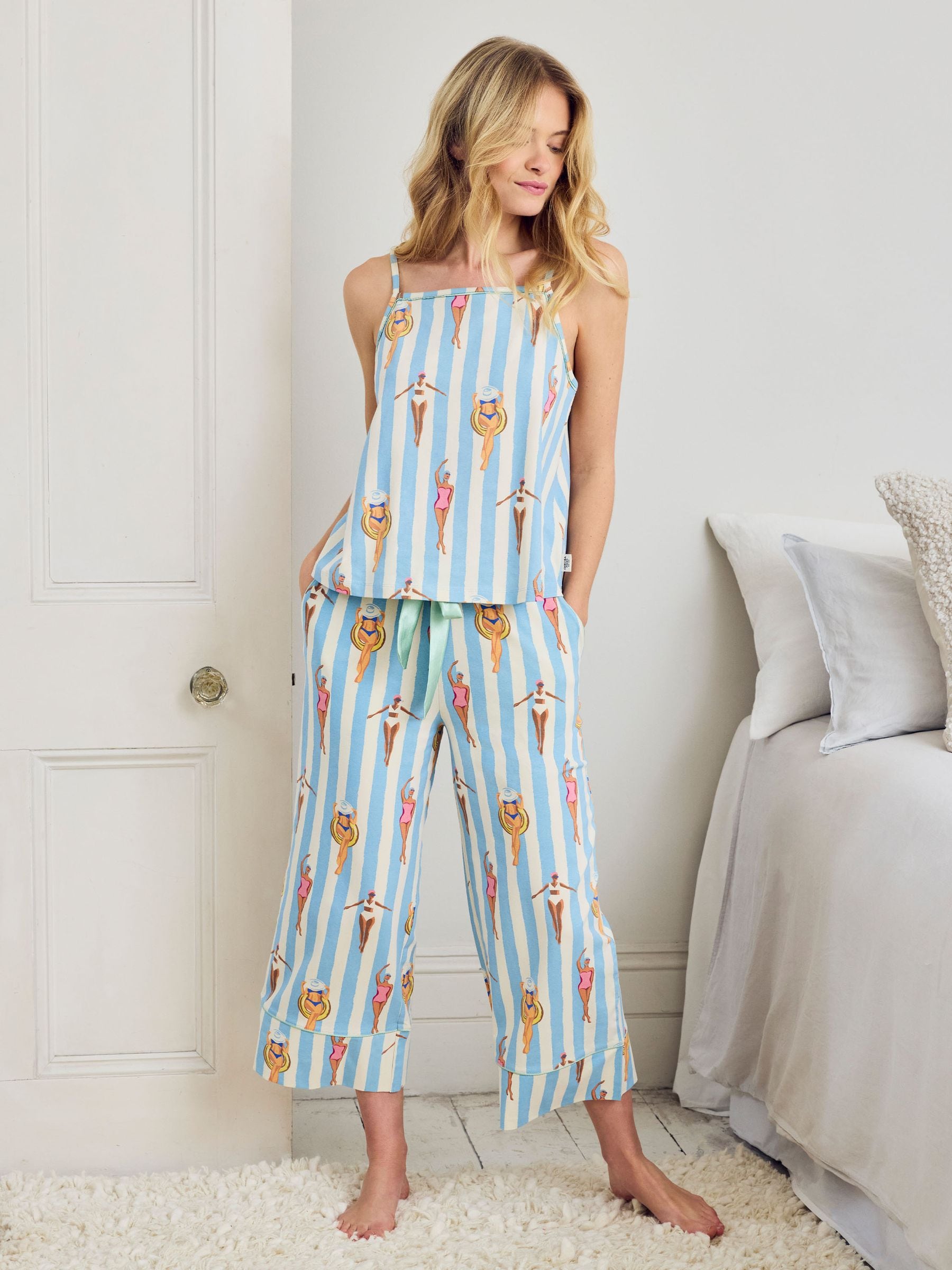 Chelsea Peers Women's Blue Swimming Society Stripe Print Cami Long Pyjamas Set - Image 1