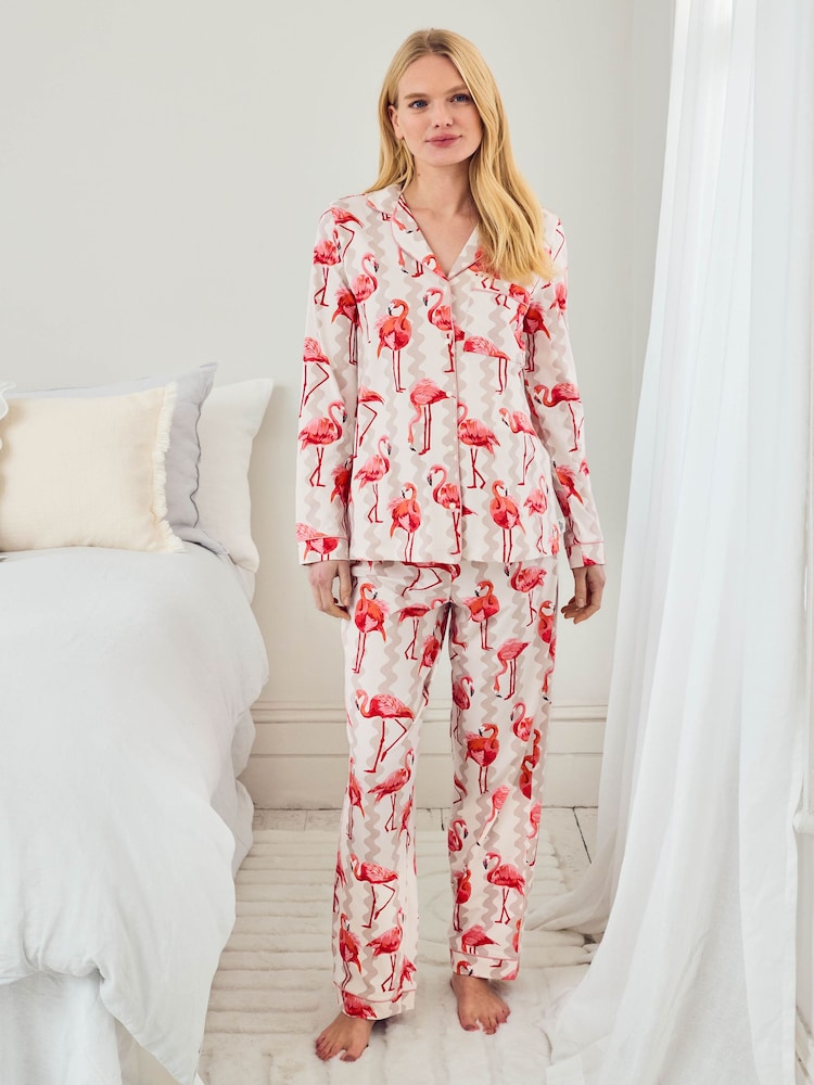 Chelsea Peers Natural Maternity Cotton Flamingo Bloom Print Long Pyjamas Set - Image 1 of 5