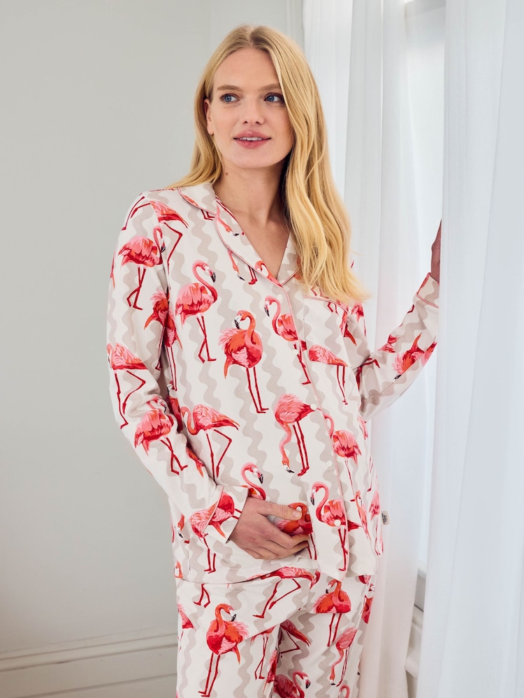 Chelsea Peers Natural Maternity Cotton Flamingo Bloom Print Long Pyjamas Set - Image 2 of 5