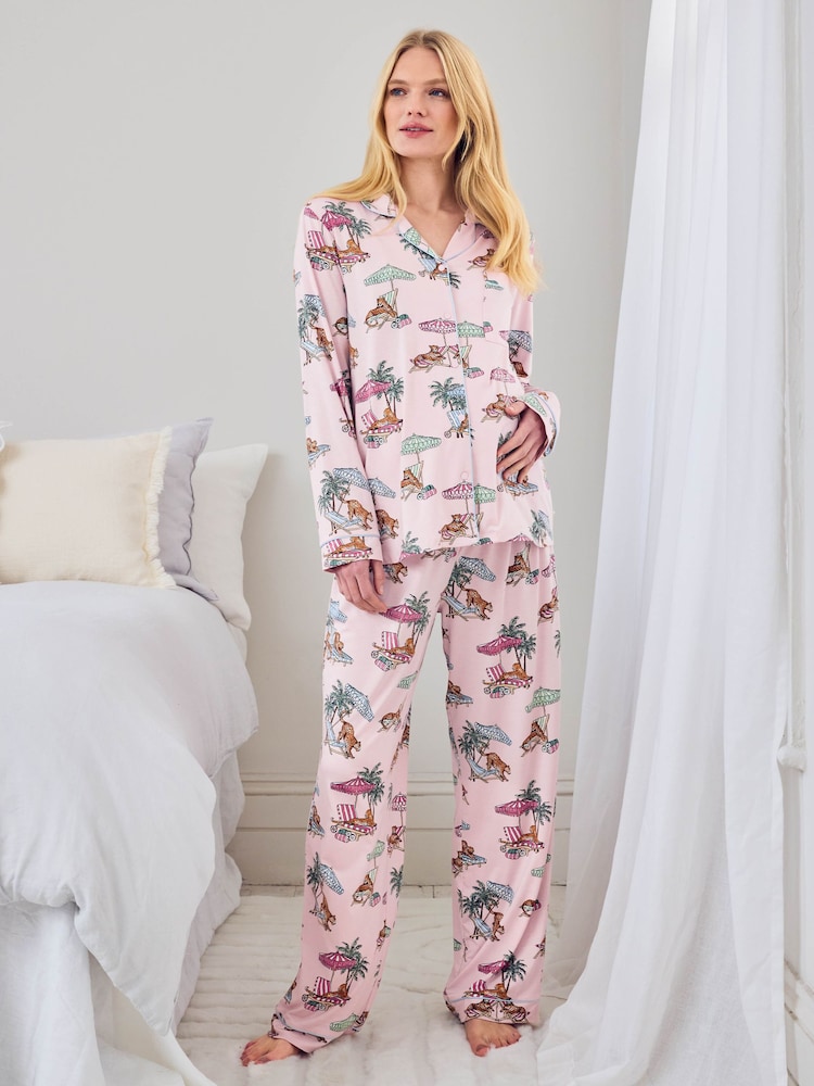 Chelsea Peers Pink Maternity Tencel™ Modal  Lounging Leopards Print Long Pyjamas Set - Image 1 of 5