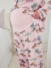 Chelsea Peers Pink Maternity Tencel™ Modal  Lounging Leopards Print Long Pyjamas Set - Image 3 of 5