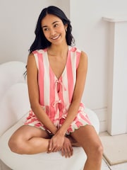 Chelsea Peers Pink Linen Blend Scallop Edge Tie Front Stripe Cami Short Pyjamas Set - Image 2 of 7