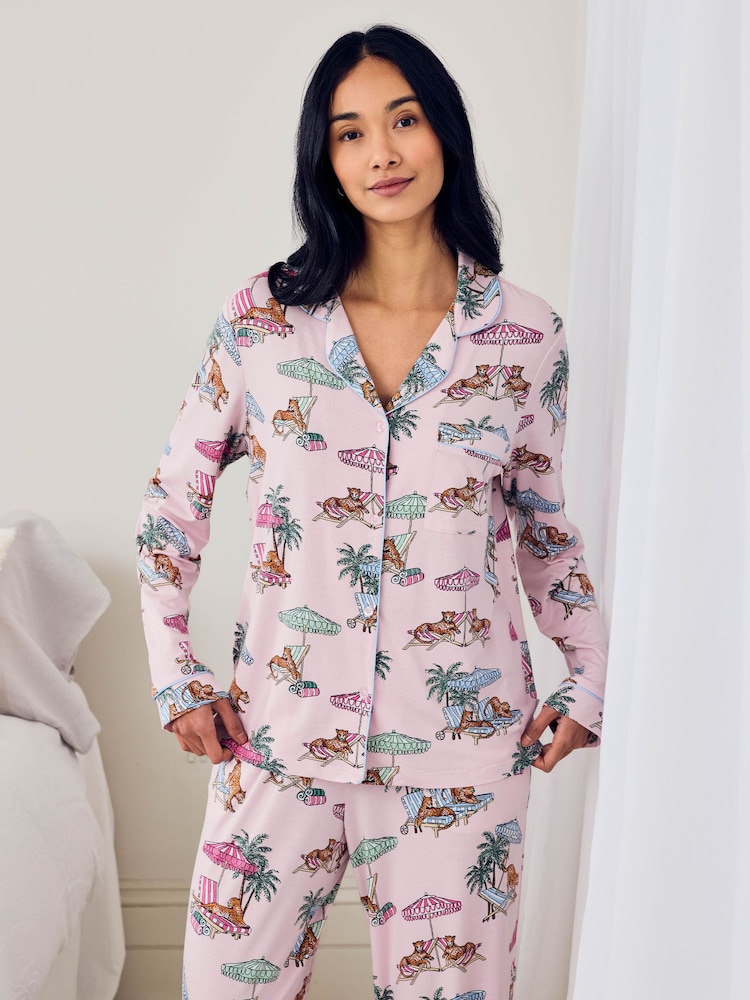 Chelsea Peers Pink Tencel™ Modal Lounging Leopards Print Long Pyjamas Set - Image 2 of 6