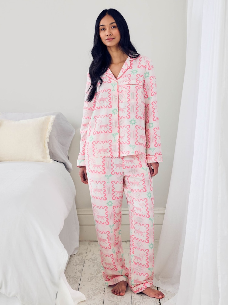 Chelsea Peers Pink Linen-Blend Cocktail Leopard Geo Print Long Pyjamas Set - Image 1 of 6 Chelsea Peers Pink Linen-Blend Cocktail Leopard Geo Print Long Pyjamas Set - Image 1 of 6