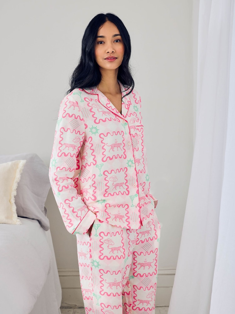 Chelsea Peers Pink Linen-Blend Cocktail Leopard Geo Print Long Pyjamas Set - Image 2 of 6 Chelsea Peers Pink Linen-Blend Cocktail Leopard Geo Print Long Pyjamas Set - Image 2 of 6