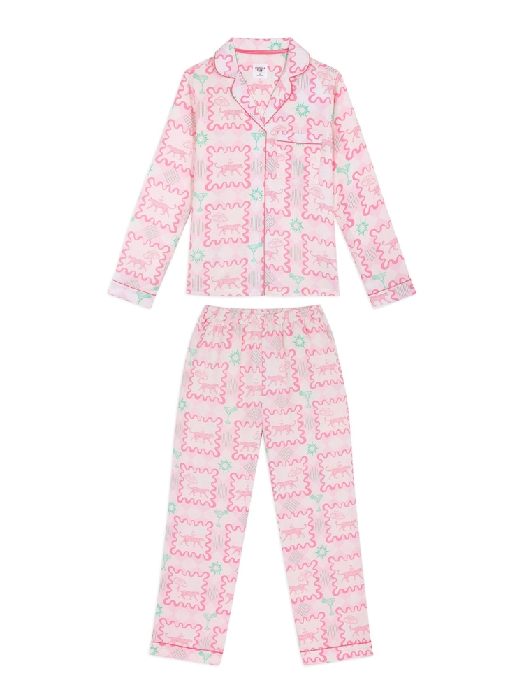 Chelsea Peers Pink Linen-Blend Cocktail Leopard Geo Print Long Pyjamas Set - Image 6 of 6 Chelsea Peers Pink Linen-Blend Cocktail Leopard Geo Print Long Pyjamas Set - Image 6 of 6