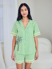 Chelsea Peers Green Cotton Tropical Palm Stripe Print Short Pyjamas Set - Image 1 of 7