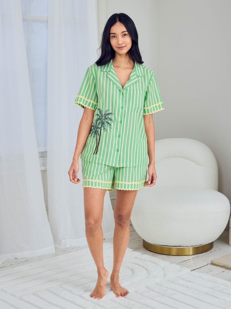 Chelsea Peers Green Cotton Tropical Palm Stripe Print Short Pyjamas Set - Image 2 of 7 Chelsea Peers Green Cotton Tropical Palm Stripe Print Short Pyjamas Set - Image 2 of 7