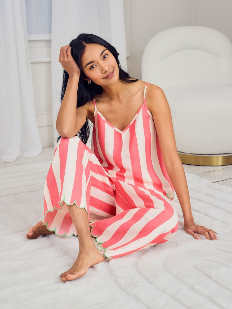 Chelsea Peers Pink Linen Blend Scallop Edge Stripe Long Pyjamas Set - Image 2 of 5