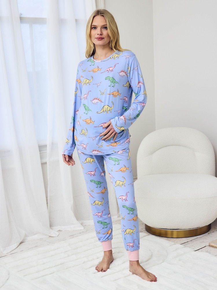 Chelsea Peers Blue Maternity Dinosaur Dreams Print Long Pyjamas Set - Image 1 of 5