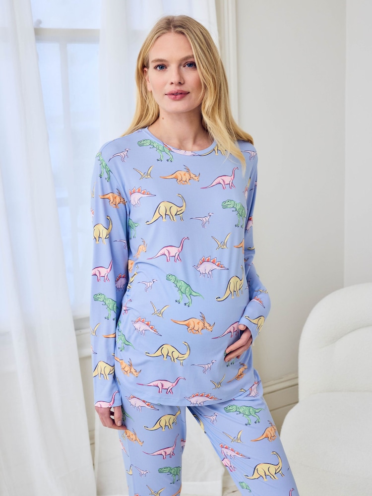 Chelsea Peers Blue Maternity Dinosaur Dreams Print Long Pyjamas Set - Image 2 of 5