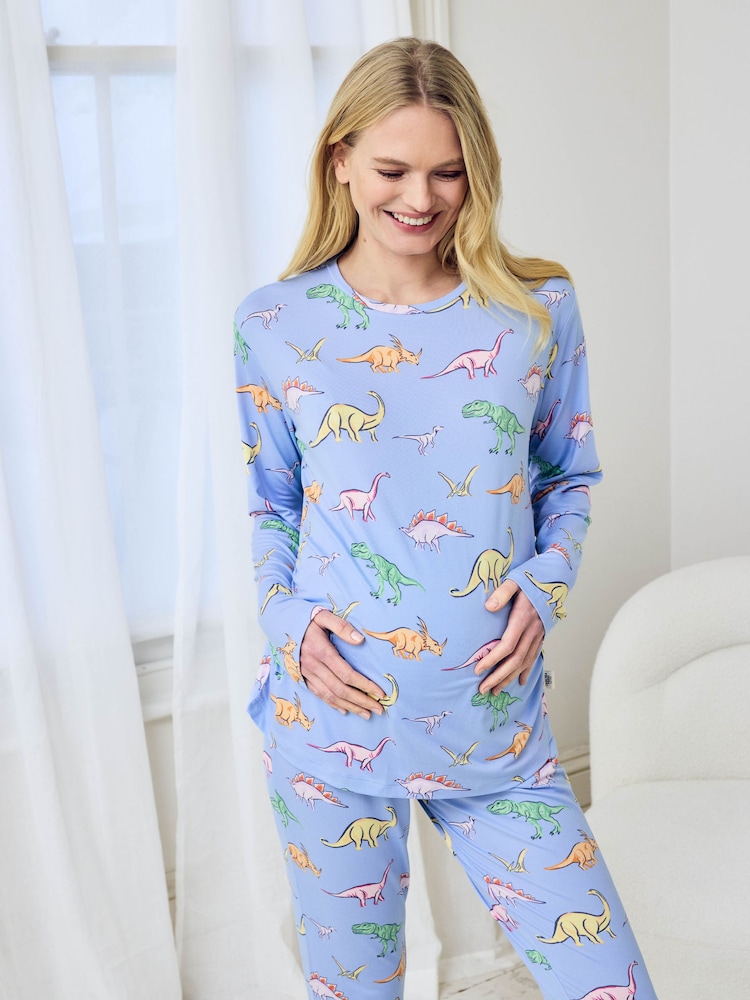 Chelsea Peers Blue Maternity Dinosaur Dreams Print Long Pyjamas Set - Image 5 of 5