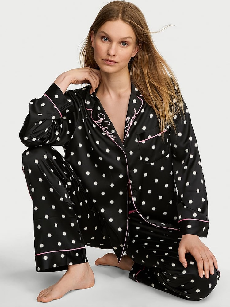 Victoria's Secret Black Polka Dot Satin Long Pyjamas Set - Image 1 of 3 Victoria's Secret Black Polka Dot Satin Long Pyjamas Set - Image 1 of 3